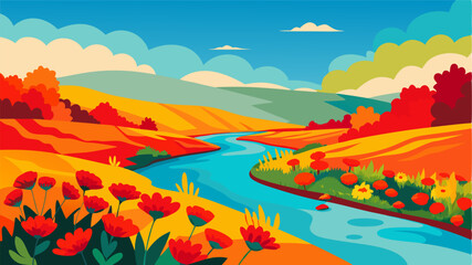 Fototapeta premium The riverbank alive with the vibrant red orange and yellow wildflowers of summer.