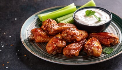 Fototapeta premium delicious barbecue chicken wings with celery and dip