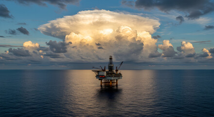 Offshore Oil and Gas Platform Under a Dramatic Cloudscape at Sunset in a Blue Ocean