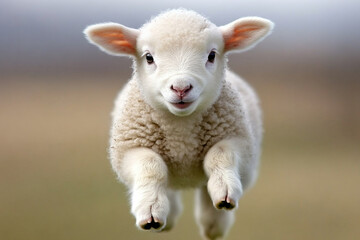 Fototapeta premium Baby lamb joyfully leaping in a sunny meadow with vibrant green grass and gentle breeze