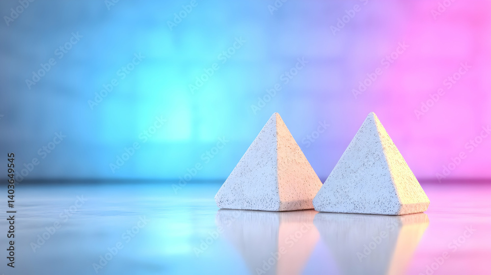 Fototapete Two Textured Geometric Pyramids with Soft Pink and Blue Gradient Lighting in a Minimalist Studio Setting
