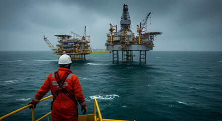 Man in Orange Suit Observing Oil Rigs on Overcast Day at Sea with White Hard Hat