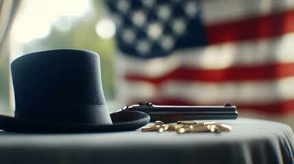 Obraz premium Uncle Sam Hat Displayed in Museum with Vintage Pistol and Gold Bullets Before American Flag