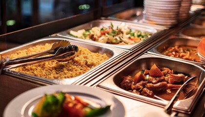 Fototapeta premium close up of foods with plates in buffet of restaurant
