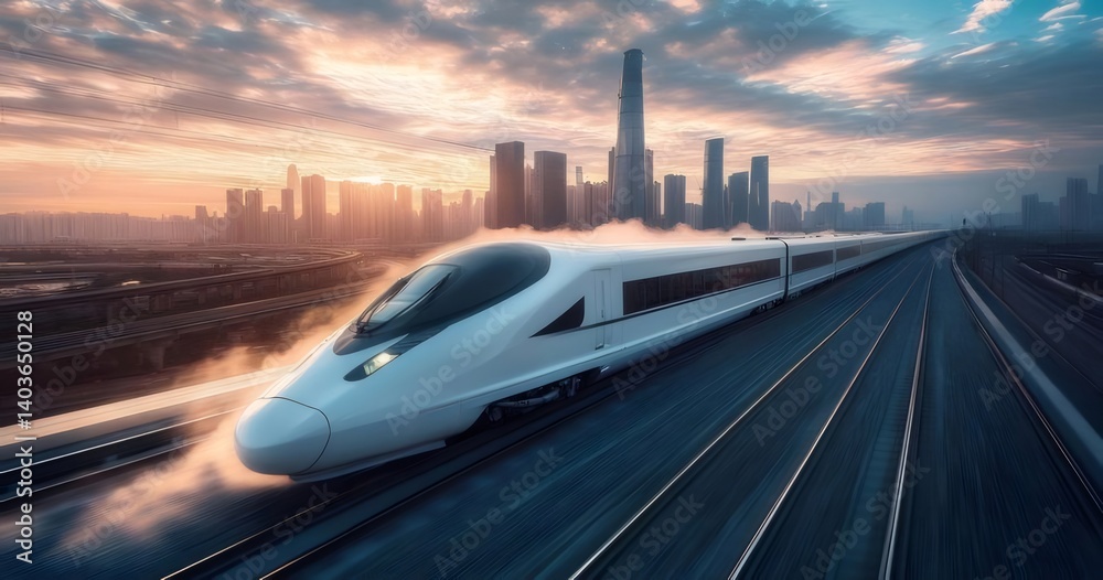 Poster 未来都市を走る高速列車 太陽光を浴びた白い車体と青い空