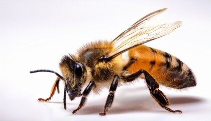 close up of a bee isolated on white and white background