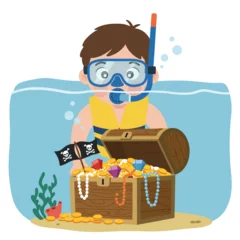 Child diving underwater to explore a treasure chest filled with jewels and coins