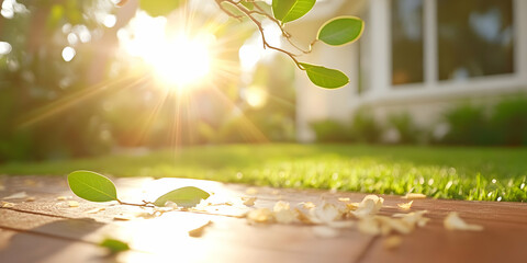 Warm Sunlight Illuminates Green Lawn and Wood Floor in Tranquil Backyard With Sunbeam and Blurred House Exterior on Bright Sunny Day