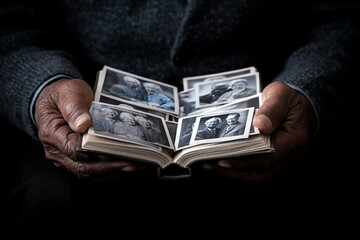 Elderly person shares memories with loved ones through a cherished photo album in a cozy setting