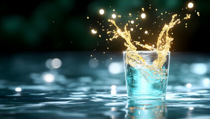 Water Splashing in Clear Glass with Blue Liquid and Glistening Reflections on Dark Background
