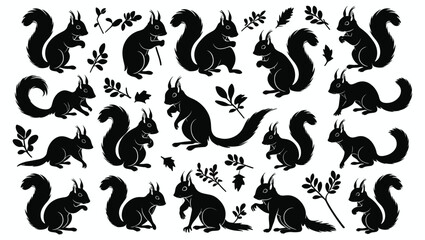 Squirrel Silhouettes Vector Art Various Poses And Foliage Elements On White Background For Graphic Design Projects