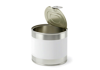 Opened Metal Tin Can with Blank Label, Ready for Customization isolated on white background.