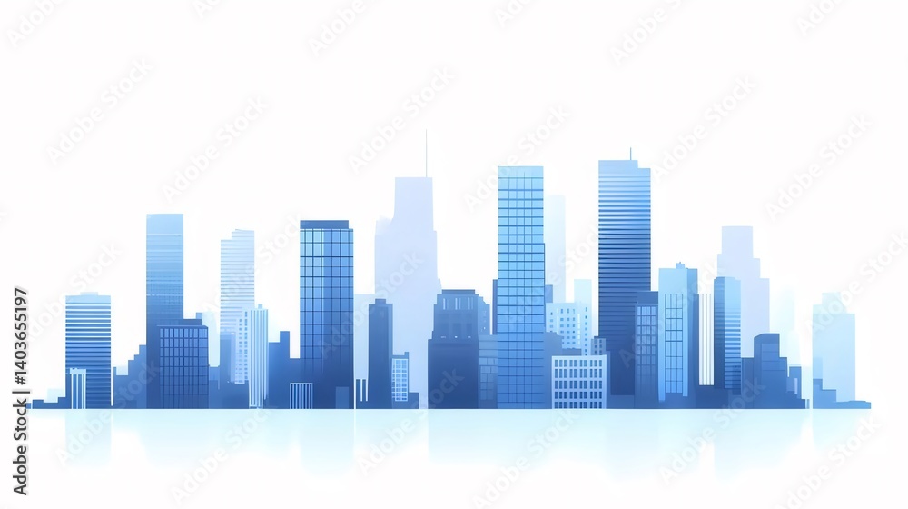 Poster 青いグラデーションの都市シルエット 高層ビル群の抽象的な風景 白い背景にモダンな都市デザイン
