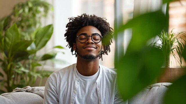 Contented young man meditating on a sofa at home for calmness and relaxation
