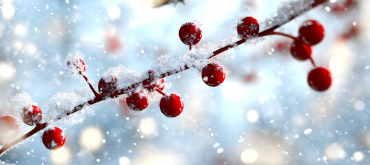Obraz premium Winter Branch with Red Berries and Snow Against a Soft Blue Bokeh Background