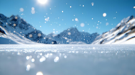 Winter Landscape with Snowy Mountains Clear Blue Sky and Sparkling Ice Surface