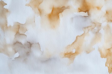 Abstract watercolor stain.  Soft, muted colors of brown and tan on white paper. Irregular, flowing shapes and blends