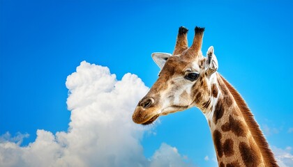Fototapeta premium majestic giraffe gazing curiously against bright blue sky with clouds