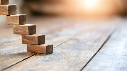 Wooden Blocks Arranged as Steps on Wooden Surface with Bright Light