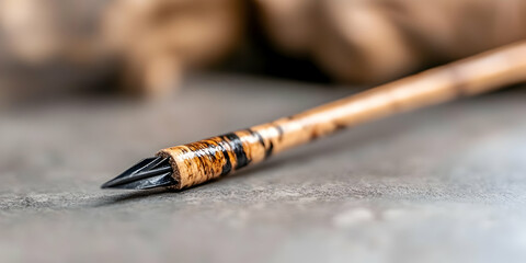 Naklejka premium Wooden Brush with Black Paint Detail on Concrete Surface in a Macro Studio Shot