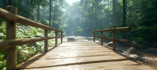 Wooden Bridge Over Glistening Stream in Lush Green Forest with Sunlight