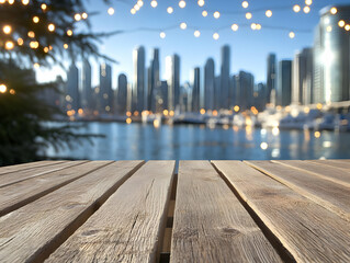 Wooden Table Overlooking Blurred City Skyline and Waterfront Buildings at Daytime with Warm Festive Lights