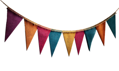 Bright colorful bunting garland. Party flags on rope. Textured fabric. Birthday celebration, wedding anniversary. Holiday Festa Junina decor. Isolated overlay object, banner on background