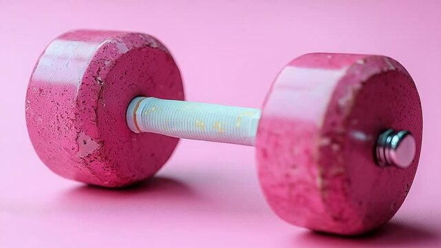 Pink dumbbell, symbolic of health and habit, against a pink background.  Possible use Stock photo for health, fitness, and lifestyle - Powered by Adobe