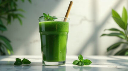 A vibrant green smoothie sits in a clear glass, garnished with fresh mint leaves. Sunlight streams through nearby plants, creating a lively atmosphere in a cozy indoor setting