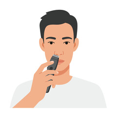 Man using a nose hair trimmer in a bright, clean bathroom setting