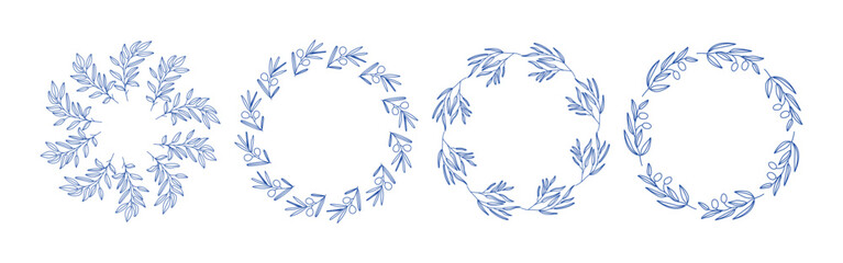 Blue olive branches circle frame set. Circular frames with branches. Hand drawn collection of olive leaves and decorative elements. Perfect for wedding invitations, cards, logo design, and posters