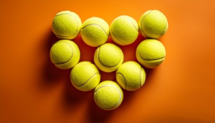 heart shape made with yellow tennis balls on an orange background in a playful display