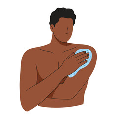 Man washing his arm with a blue sponge in a clean environment
