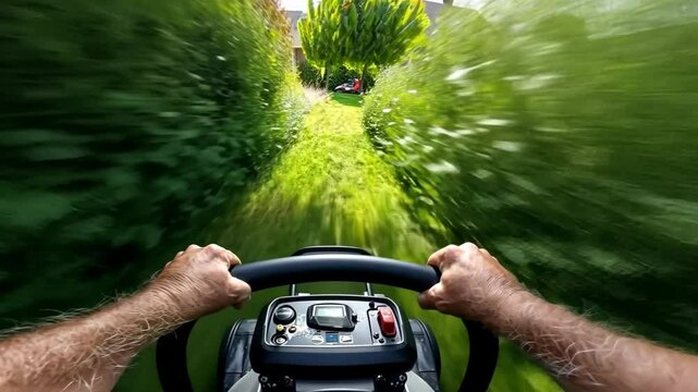 Enjoying a summer day mowing the lawn at home with a riding mower while surrounded by vibrant greenery