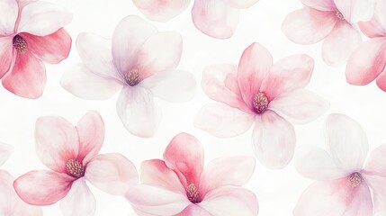 Watercolor painting of pink and white magnolia flowers in a seamless repeat pattern on white background