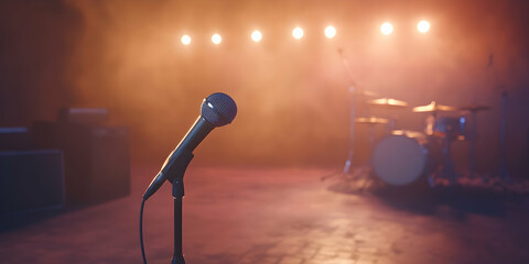 Obraz premium A Retro Microphone on an Illuminated Stage with a Vintage Vibe and a Drum Set in the Back Set in a Dim Light