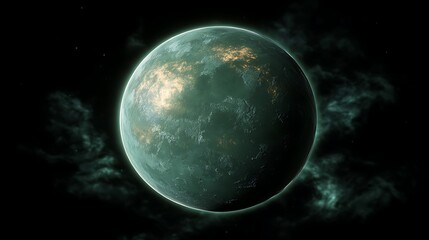 Fototapeta premium Mysterious Green Planet in Space, A mysterious greenish planet with swirling clouds, set against a dark starry background