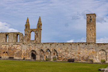 The ruins of St Andrews Cathedral overlook the sea, surrounded by ancient tombs and old stone...