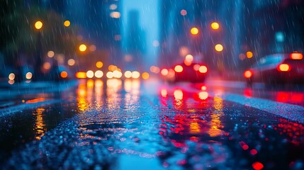 ethereal ambiance of rain cascading upon urban landscape, where glistening streets mirror luminescent city lights amidst a dampened backdrop