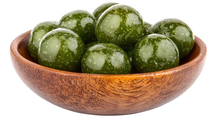 Green Walnut Sweet Treats in Wooden Bowl Isolated on Black Background