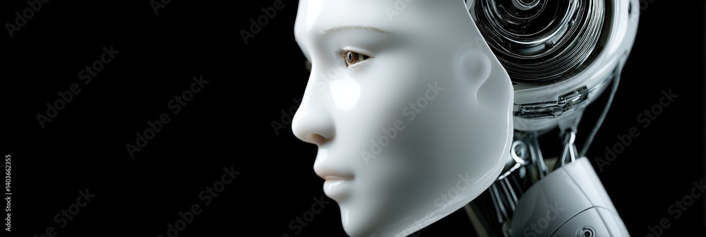 Poster futuristic robot head showcasing advanced technology and design in a sleek dark environment