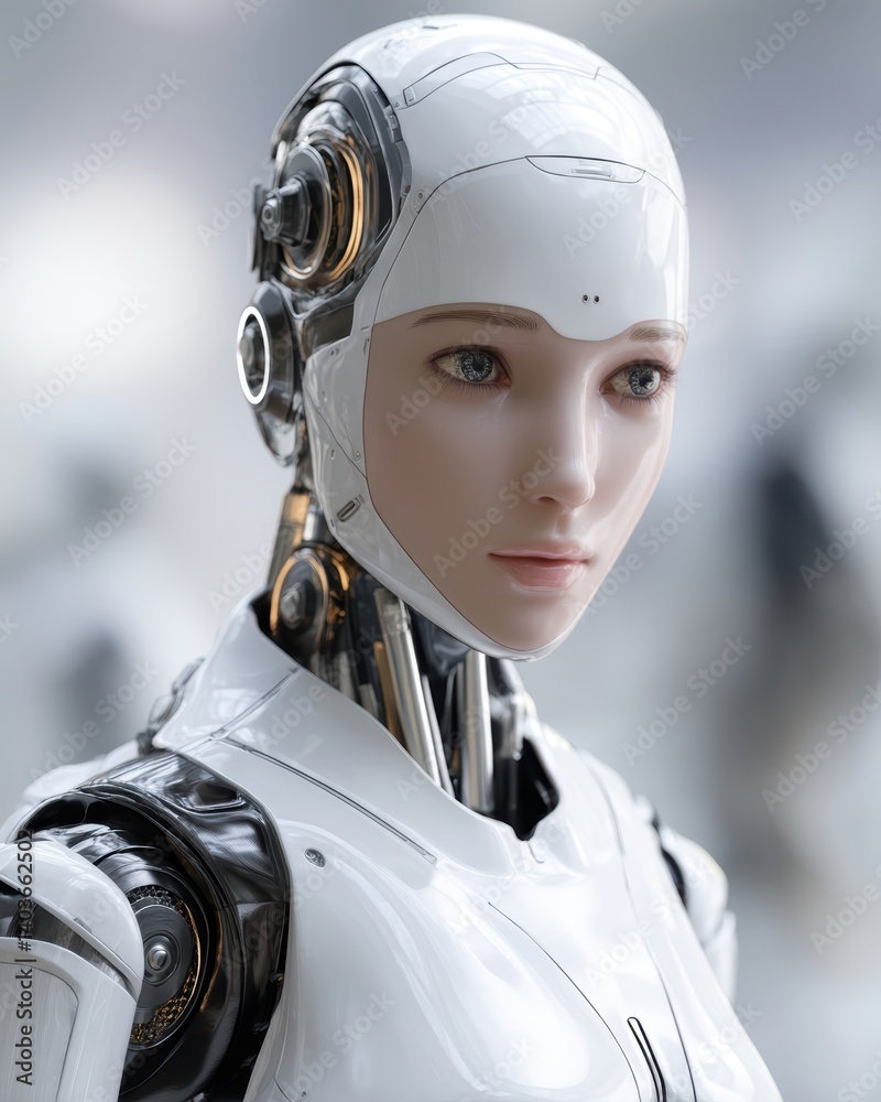 Poster futuristic robot with intricate design showcases advanced technology and human-like features