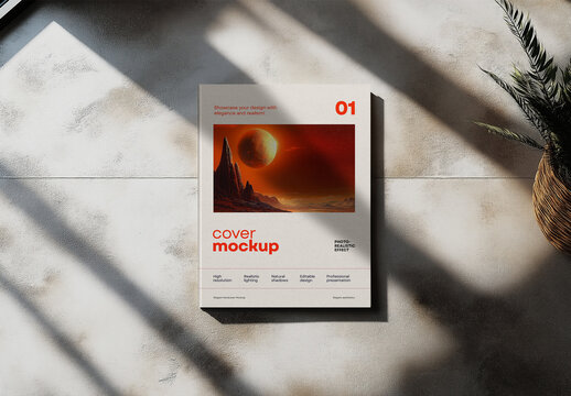 Hardcover Book Cover Mockup on Concrete Surface with Dramatic Natural Shadows &mdash; Realistic Presentation Template for Editorial and Art Projects