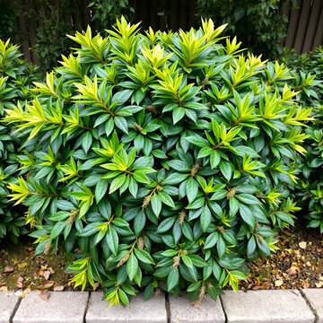 Japanese laurel or Aucuba japonica or Spotted laurel or Gold dust plant or Japanese aucuba dioecious dense upright rounded evergreen shrub plant with lush foliage of leathery opposite broad lanceolate
