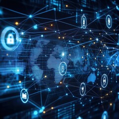 Global network connection, digital world map with data security icons.  Abstract digital technology background