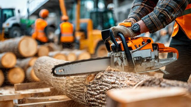 On a bright and sunny day, hardwood logs are being expertly cut with a chainsaw at the bustling timber yard