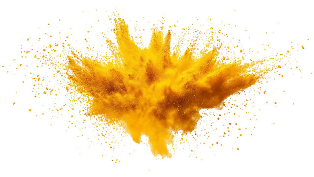 Holi paint explosion of dry yellow paints on a white transparent background.  Colorful holi powder on white background.