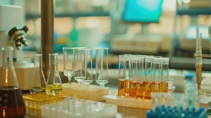 Tools and containers in medical lab, with pipette and samples being used for research.

