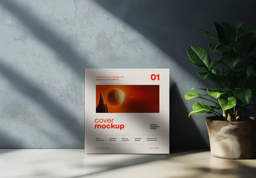 Elegant Hardcover Book Cover Mockup with Dramatic Shadows and Plant Accent &mdash; Photorealistic Scene for Editorial & Print Design Showcase