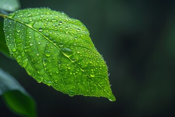 Fresh Green Leaf Covered in Clear Water Droplets After Rainfall